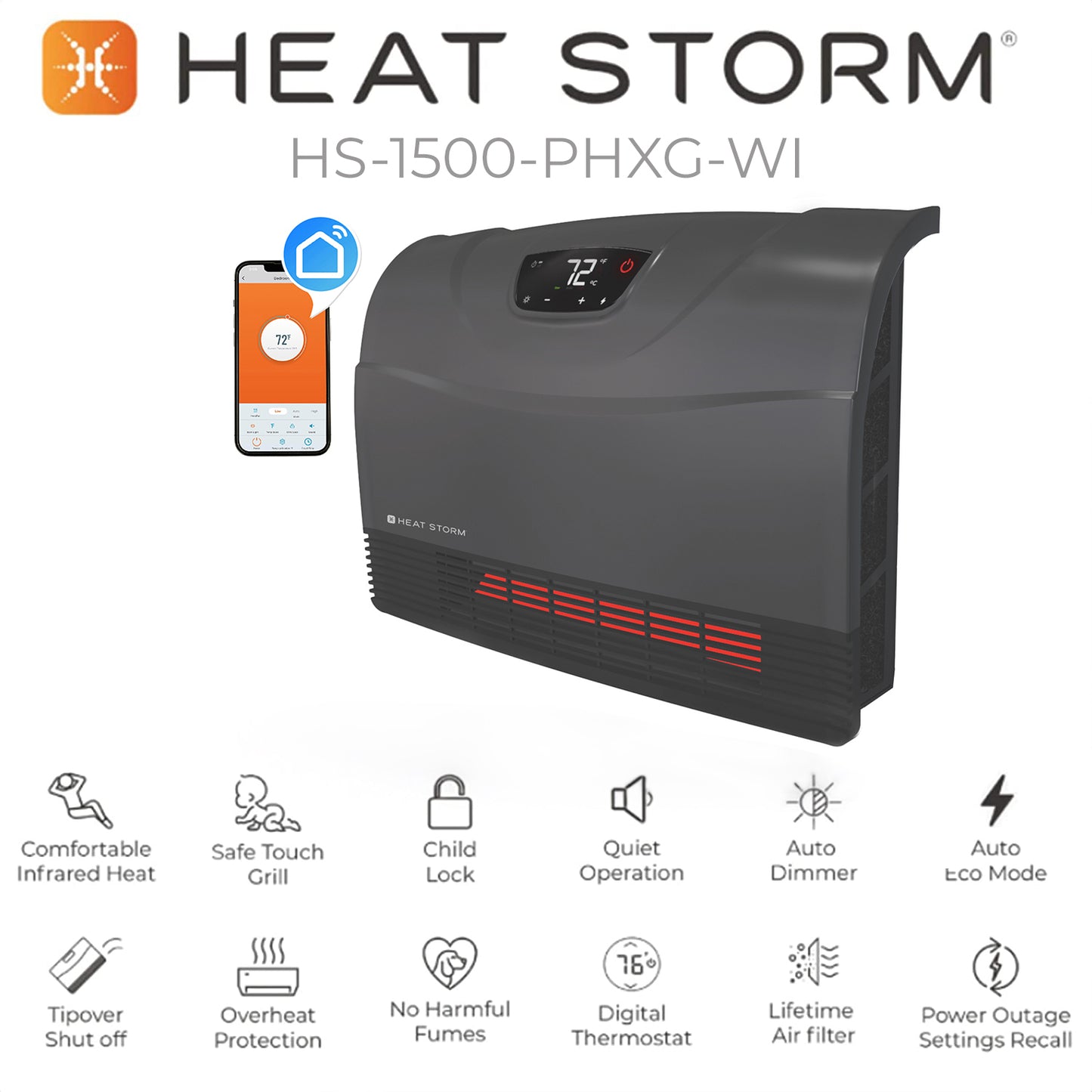 Phoenix Grey Wi-Fi features infographic: safe touch grill, child lock, quiet, auto dimmer, auto Eco mode, tipover shutoff, overheat protection, no harmful fumes, digital thermostat, washable air filter, power outage settings recall